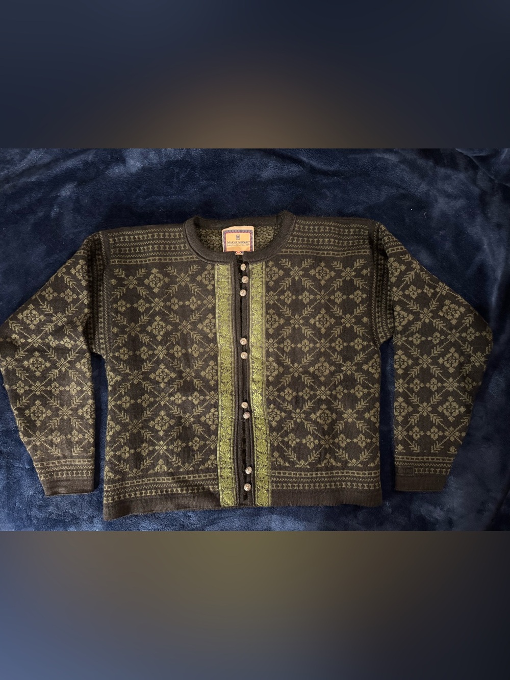 Women’s Dale of Norway Black & Olive Patterned Wool Cardigan Sweater, Medium